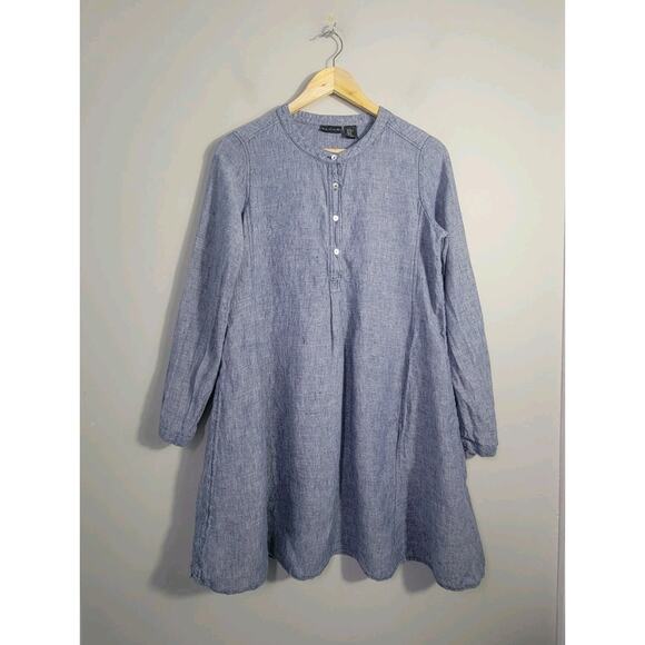 Tahari Dresses & Skirts - Tahari Womens XS Linen Long Sleeve Shift Dress Oversized Gray Blue